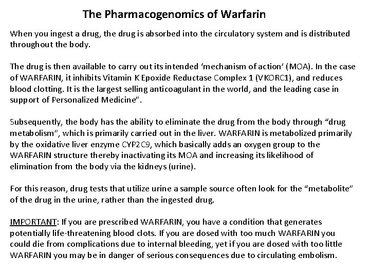 The Pharmacogenomics of Warfarin When you ingest a drug, the drug is absorbed into