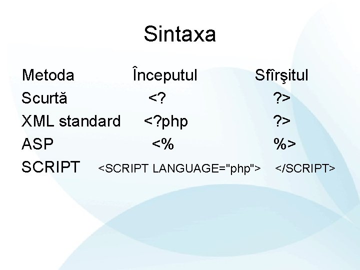 Sintaxa Metoda Începutul Sfîrşitul Scurtă <? ? > XML standard <? php ? >