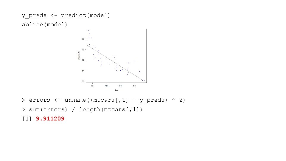 y_preds <- predict(model) abline(model) > errors <- unname((mtcars[, 1] - y_preds) ^ 2) >