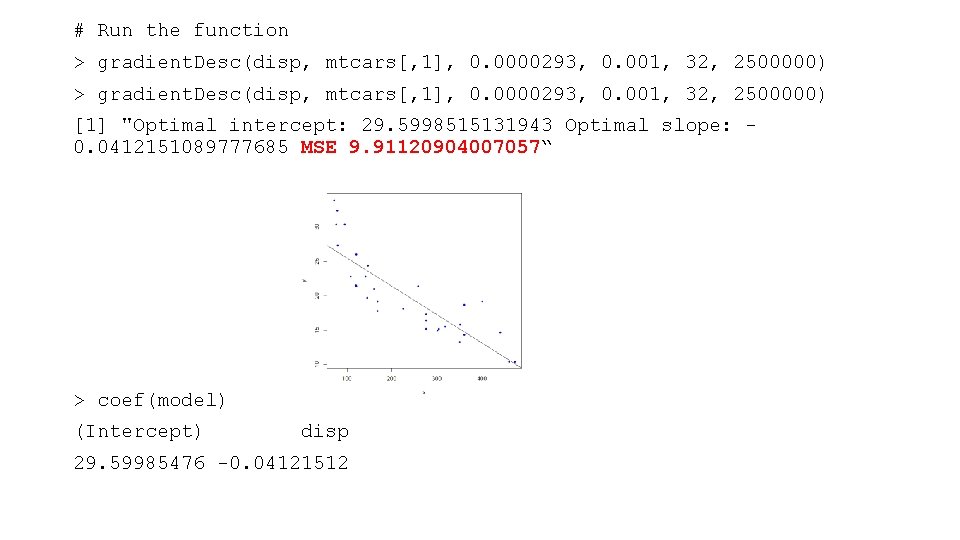 # Run the function > gradient. Desc(disp, mtcars[, 1], 0. 0000293, 0. 001, 32,