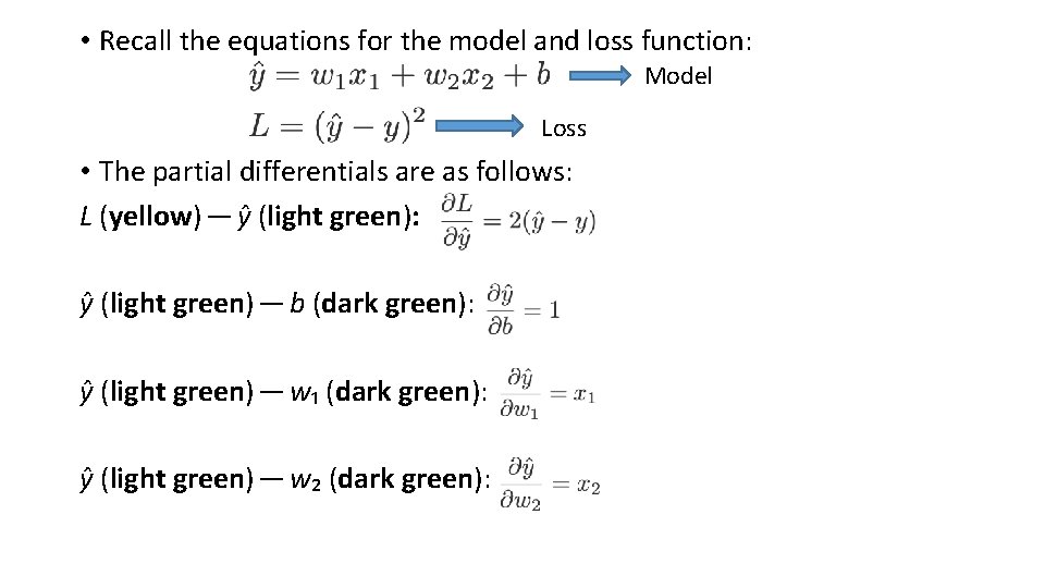  • Recall the equations for the model and loss function: Model Loss •