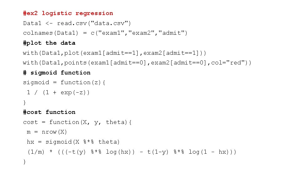 #ex 2 logistic regression Data 1 <- read. csv("data. csv") colnames(Data 1) = c("exam