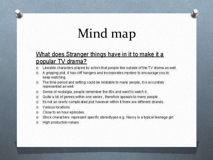 Mind map What does Stranger things have in it to make it a popular