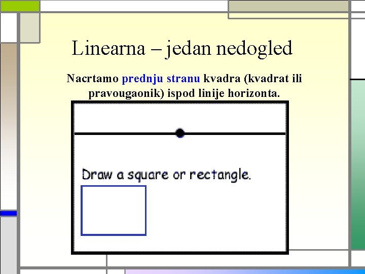 Linearna – jedan nedogled Nacrtamo prednju stranu kvadra (kvadrat ili pravougaonik) ispod linije horizonta.