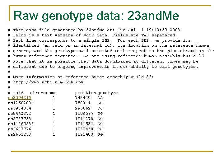 Raw genotype data: 23 and. Me # This data file generated by 23 and.