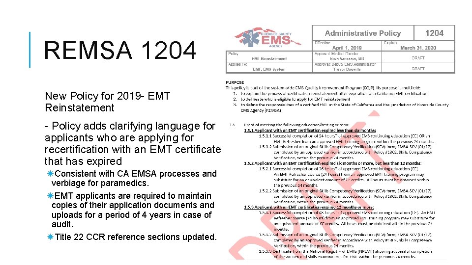 REMSA 1204 New Policy for 2019 - EMT Reinstatement - Policy adds clarifying language