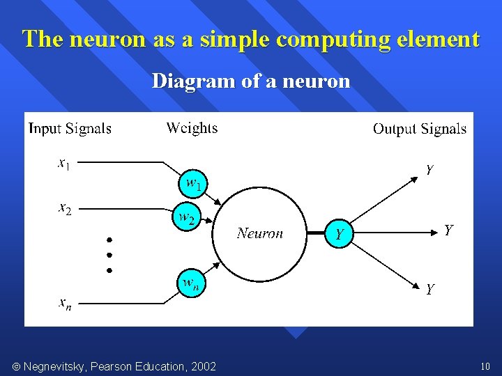 The neuron as a simple computing element Diagram of a neuron Negnevitsky, Pearson Education,