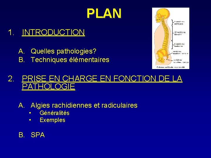 PLAN 1. INTRODUCTION A. Quelles pathologies? B. Techniques élémentaires 2. PRISE EN CHARGE EN