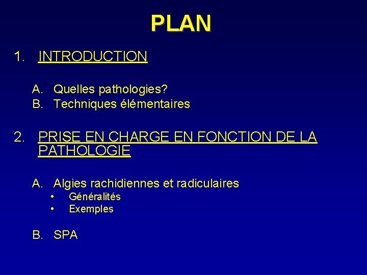 PLAN 1. INTRODUCTION A. Quelles pathologies? B. Techniques élémentaires 2. PRISE EN CHARGE EN