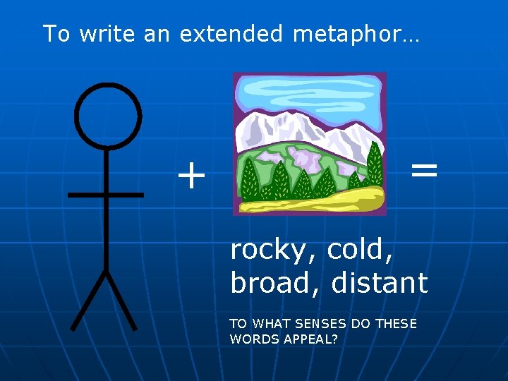To write an extended metaphor… + = rocky, cold, broad, distant TO WHAT SENSES To write an extended metaphor… + = rocky, cold, broad, distant TO WHAT SENSES