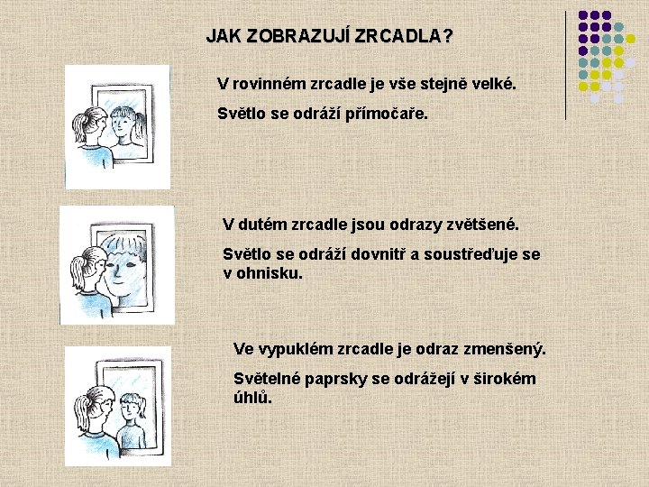 JAK ZOBRAZUJÍ ZRCADLA? V rovinném zrcadle je vše stejně velké. Světlo se odráží přímočaře.