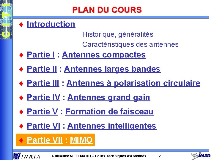 PLAN DU COURS ¨ Introduction Historique, généralités Caractéristiques des antennes ¨ Partie I :