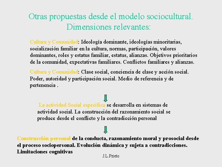 Otras propuestas desde el modelo sociocultural. Dimensiones relevantes: Cultura y Comunidad: Ideología dominante, ideologías