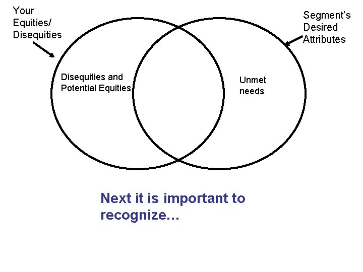 Your Equities/ Disequities Segment’s Desired Attributes Disequities and Potential Equities Unmet needs Next it