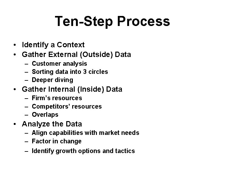 Ten-Step Process • Identify a Context • Gather External (Outside) Data – Customer analysis