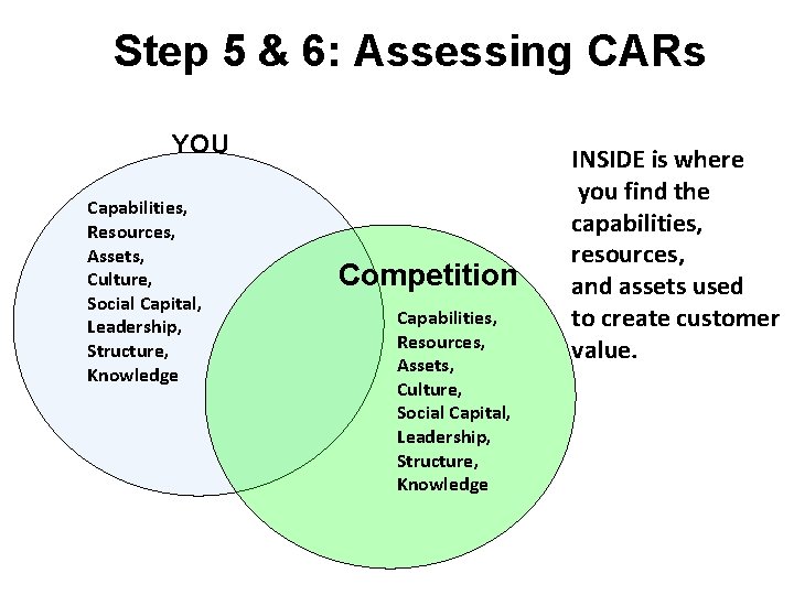 Step 5 & 6: Assessing CARs YOU Capabilities, Resources, Assets, Culture, Social Capital, Leadership,