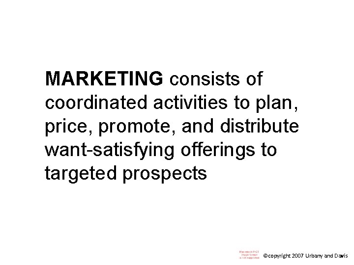 MARKETING consists of coordinated activities to plan, price, promote, and distribute want-satisfying offerings to