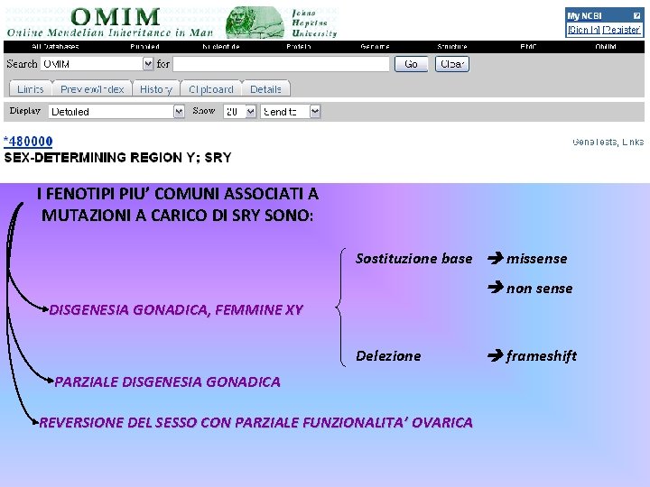 I FENOTIPI PIU’ COMUNI ASSOCIATI A MUTAZIONI A CARICO DI SRY SONO: Sostituzione base