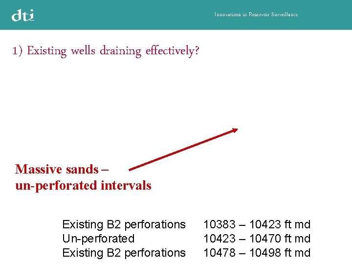 Innovations in Reservoir Surveillance 1) Existing wells draining effectively? Massive sands – un-perforated intervals