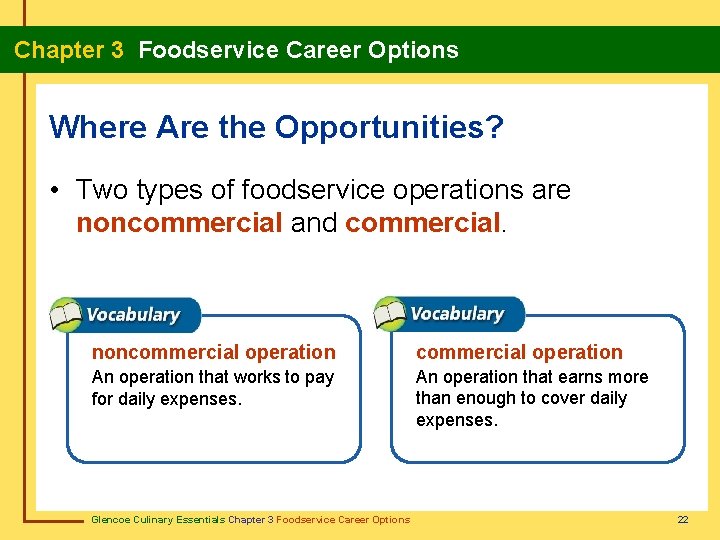 Chapter 3 Foodservice Career Options Where Are the Opportunities? • Two types of foodservice