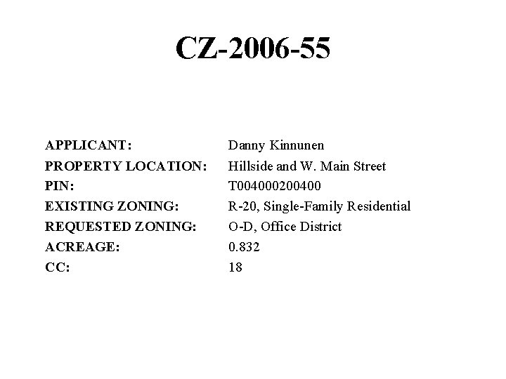 CZ-2006 -55 APPLICANT: PROPERTY LOCATION: PIN: EXISTING ZONING: REQUESTED ZONING: ACREAGE: CC: Danny Kinnunen