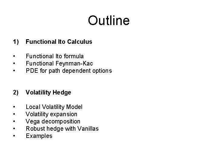 Outline 1) Functional Ito Calculus • • • Functional Ito formula Functional Feynman-Kac PDE