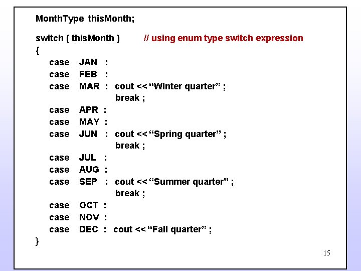 Month. Type this. Month; switch ( this. Month ) // using enum type switch