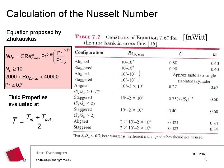 Calculation of the Nusselt Number Equation proposed by Zhukauskas [In. Witt] Fluid Properties evaluated