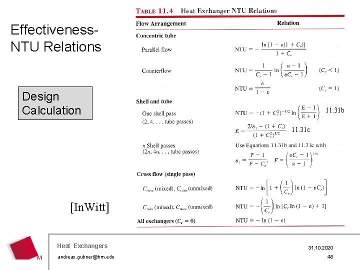 Effectiveness. NTU Relations Design Calculation 11. 31 b 11. 31 c [In. Witt] Heat