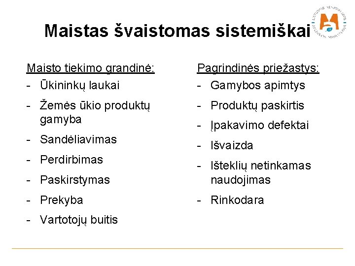 Maistas švaistomas sistemiškai Maisto tiekimo grandinė: - Ūkininkų laukai Pagrindinės priežastys: - Gamybos apimtys