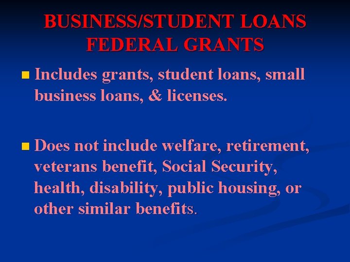 BUSINESS/STUDENT LOANS FEDERAL GRANTS n Includes grants, student loans, small business loans, & licenses.