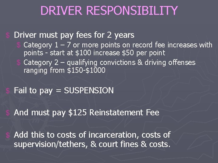 DRIVER RESPONSIBILITY $ Driver must pay fees for 2 years $ Category 1 –