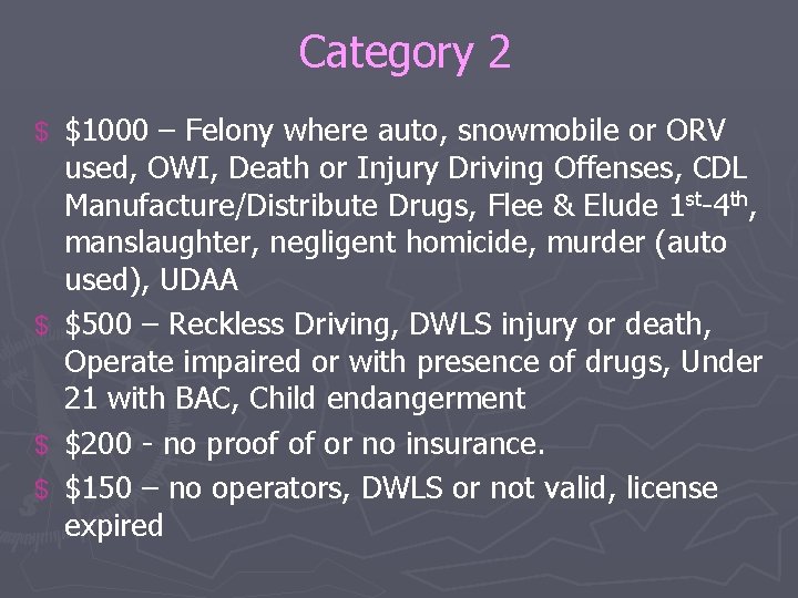 Category 2 $1000 – Felony where auto, snowmobile or ORV used, OWI, Death or
