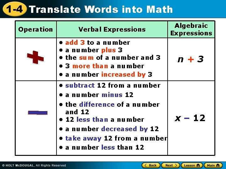 1 -4 Translate Words into Math Operation • • • Verbal Expressions Algebraic Expressions