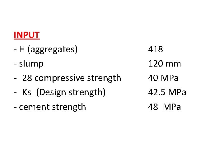 INPUT - H (aggregates) - slump - 28 compressive strength - Ks (Design strength)