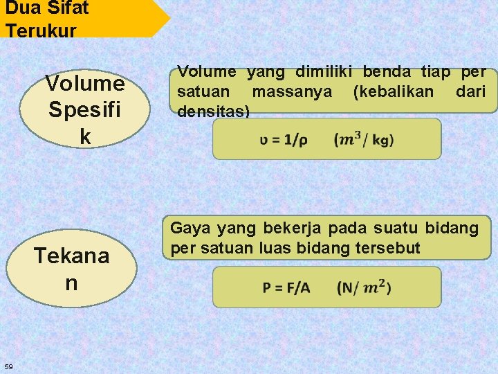 Dua Sifat Terukur Volume Spesifi k Tekana n 59 Volume yang dimiliki benda tiap