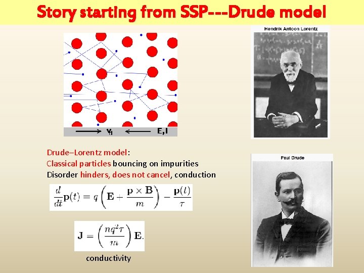 Story starting from SSP---Drude model Drude–Lorentz model: Classical particles bouncing on impurities Disorder hinders,