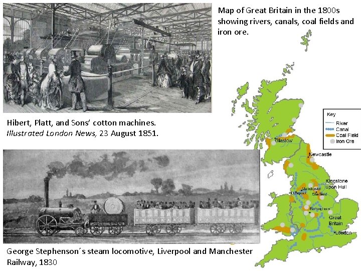 Map of Great Britain in the 1800 s showing rivers, canals, coal fields and