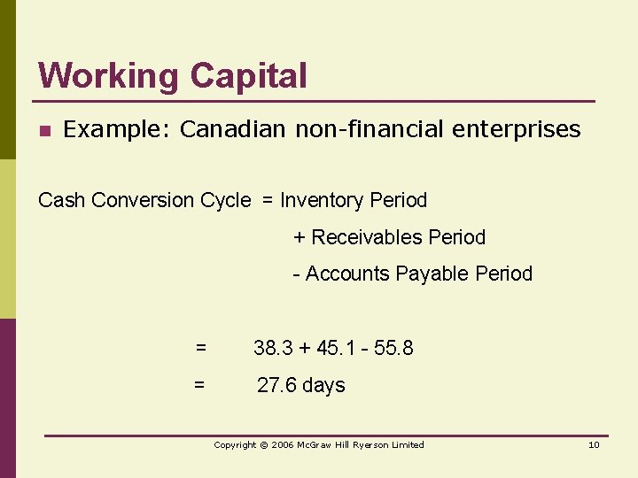 Working Capital n Example: Canadian non-financial enterprises Cash Conversion Cycle = Inventory Period +