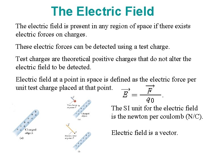 The Electric Field The electric field is present in any region of space if