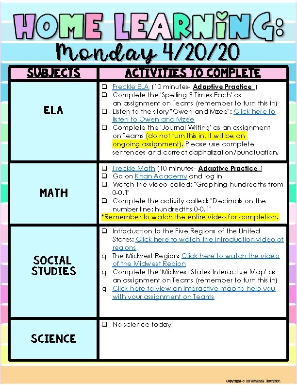 Monday 4/20/20 Subjects ELA Activities to Complete q Freckle ELA (10 minutes- Adaptive Practice