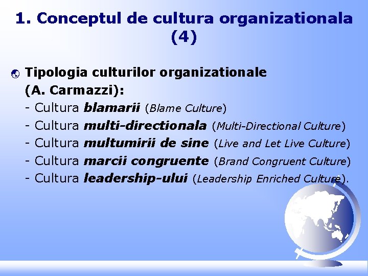 1. Conceptul de cultura organizationala (4) ý Tipologia culturilor organizationale (A. Carmazzi): - Cultura