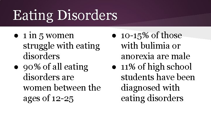 Eating Disorders ● 1 in 5 women struggle with eating disorders ● 90% of