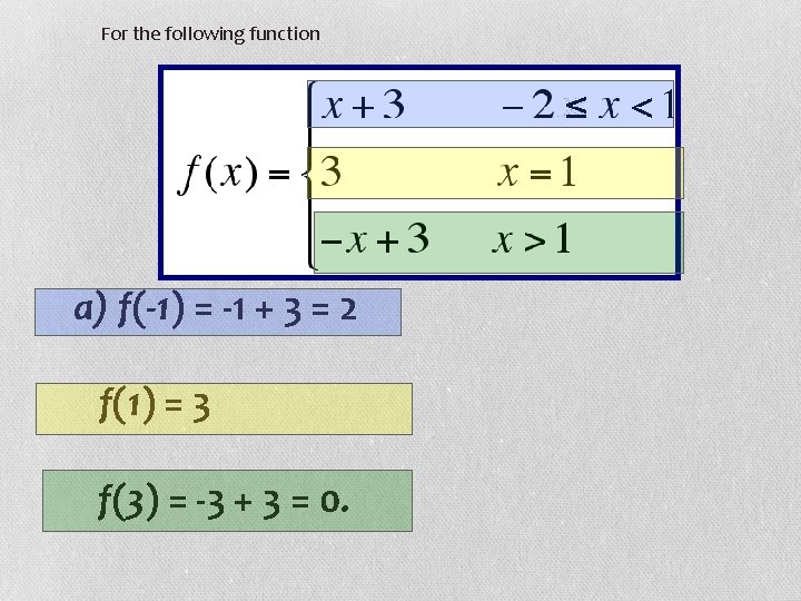 For the following function a) f(-1) = -1 + 3 = 2 f(1) =