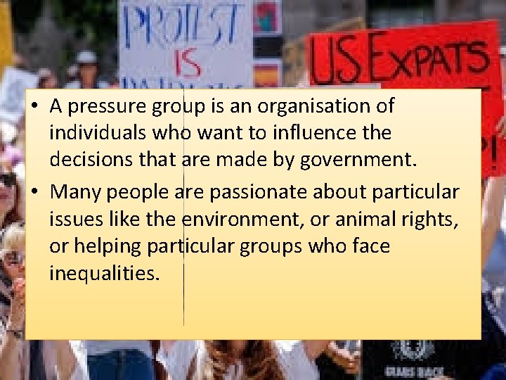  • A pressure group is an organisation of individuals who want to influence
