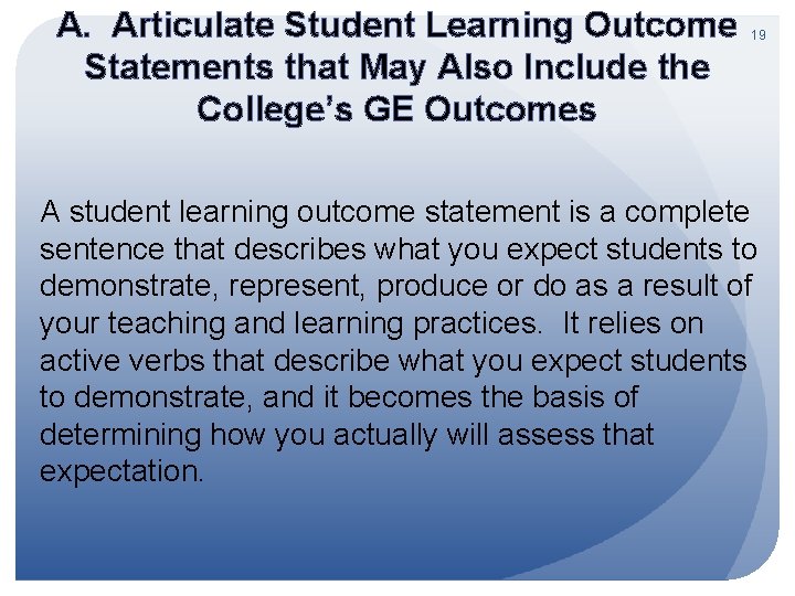 A. Articulate Student Learning Outcome Statements that May Also Include the College’s GE Outcomes