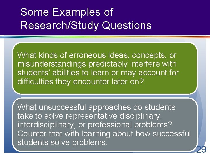 Some Examples of Research/Study Questions What kinds of erroneous ideas, concepts, or misunderstandings predictably