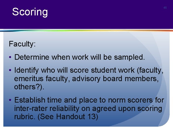 Scoring 46 Faculty: • Determine when work will be sampled. • Identify who will