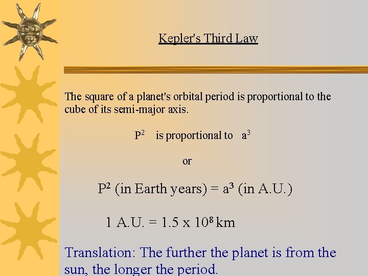 Kepler's Third Law The square of a planet's orbital period is proportional to the