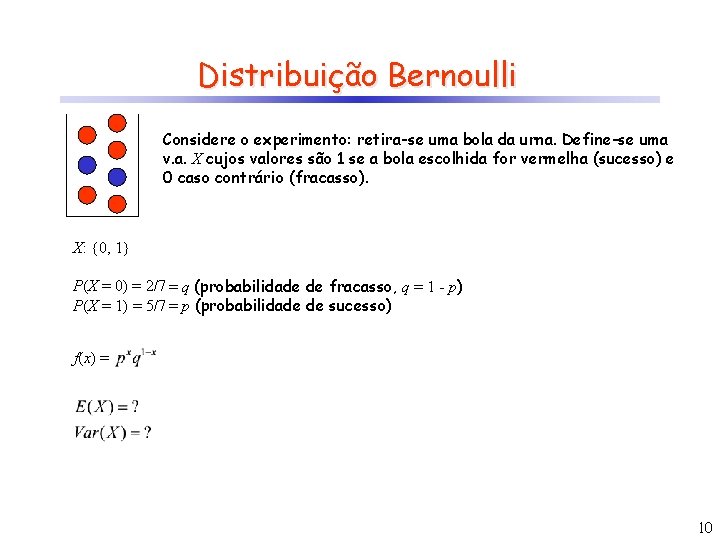 Distribuição Bernoulli Considere o experimento: retira-se uma bola da urna. Define-se uma v. a.